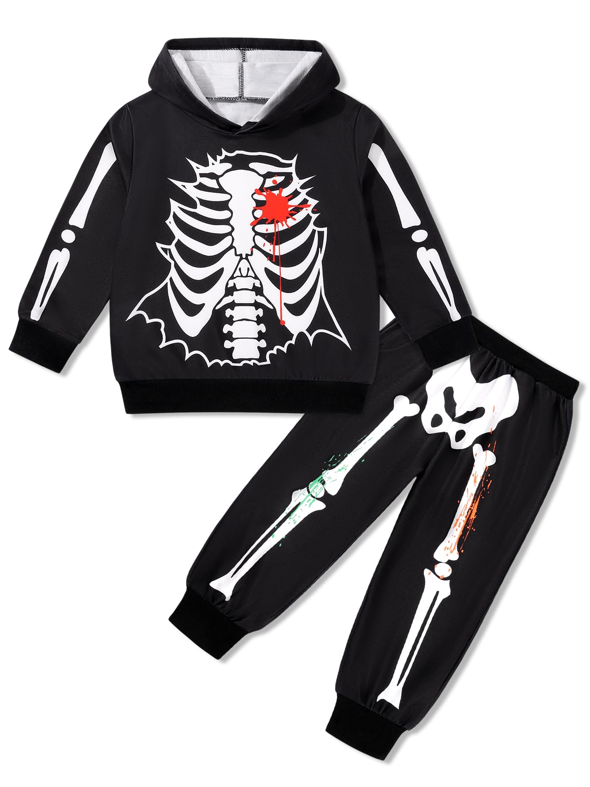 ESHOO Todder Boys Girls Halloween Skeleton Tracksuit Set Baby 2 Piece Hoodie Sweatshirts Pants Outfit Infant Halloween Fancy Clothing for Kids 12M 18M 24M 2T 3T 4T 5T 6T 7T