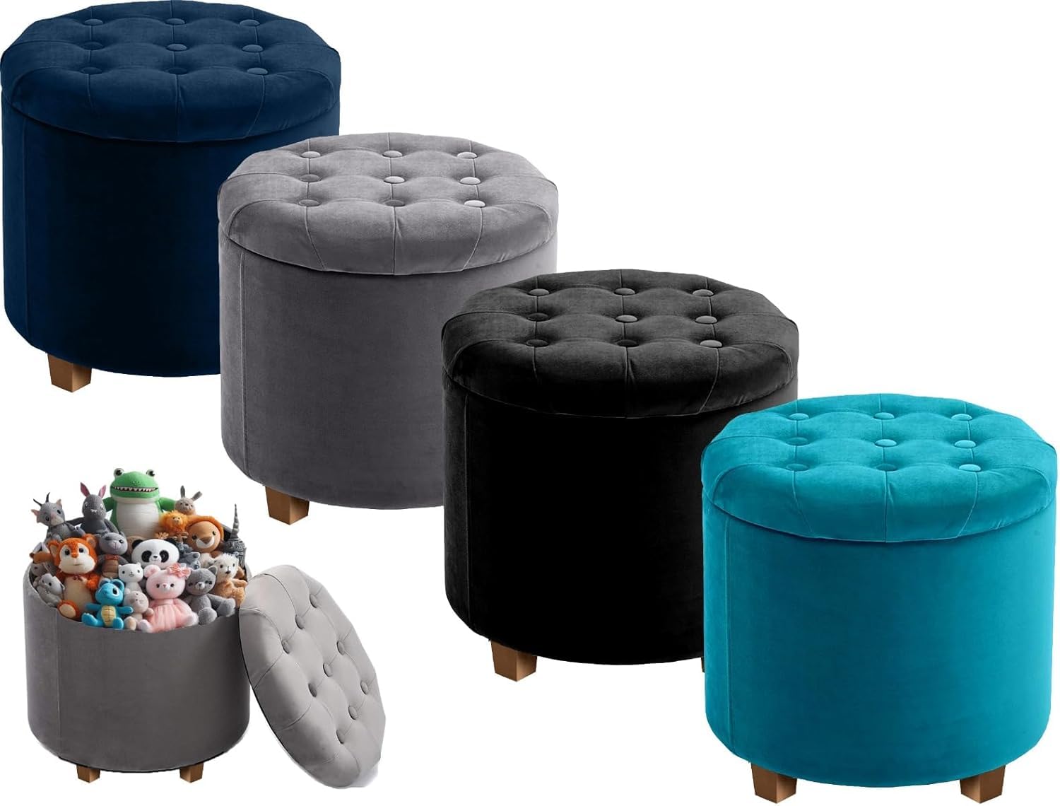 A406 Linen Fabric Round Ottoman Storage Box with Lid, Tufted Seat, Padded Stool Footstool with Storage Bench In Grey Black, Navy Colour (Grey-Velvet)