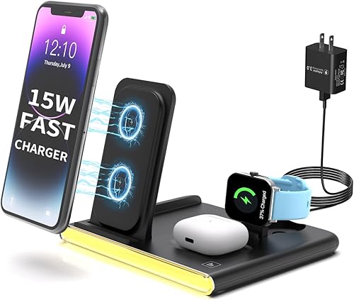 Estación de carga plegable 4 en 1 con luz, cargador inalámbrico rápido para iPhone 11 12 13 14 15 16 y Apple Watch Series y Air Pods, Galaxy S9 10