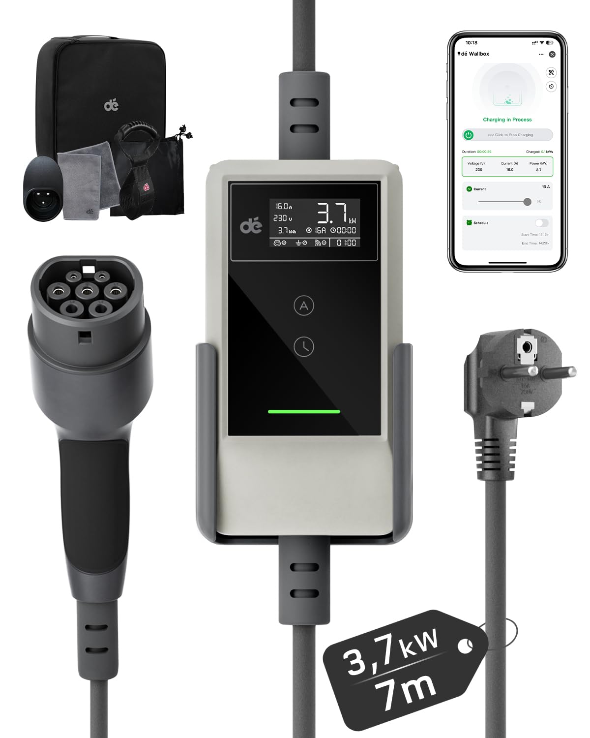 dé Kabel do ładowania typu 2 Schuko z aplikacją 3,7 kW [7 m, 6-16 A] kabel do ładowania typu 2 Schuko z cyfrowym wyświetlaczem LCD - ładowarka EV do e Auto ID.3/4/5/7, model Y/3, ENYAQ i innych PHEV