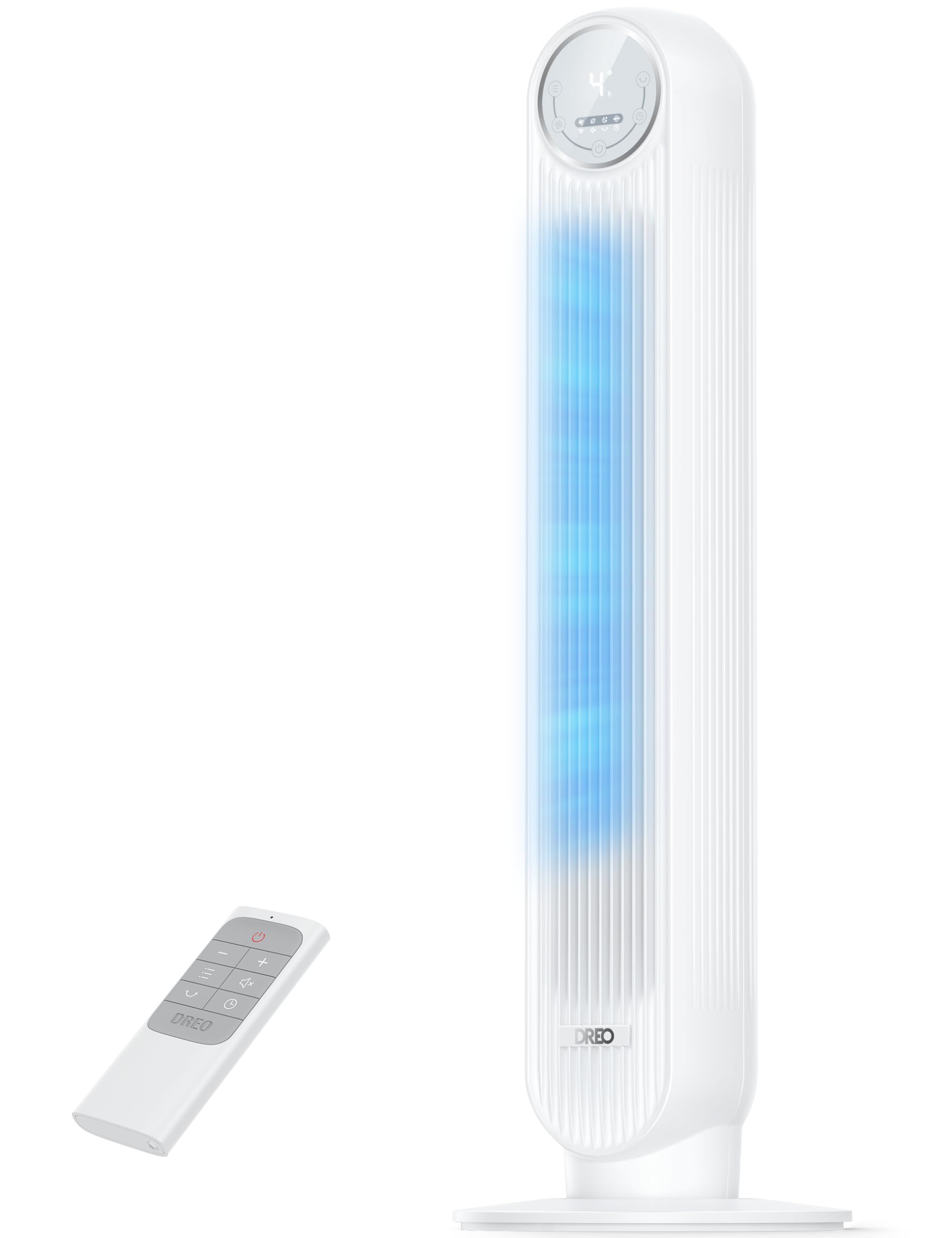 DREO 20dB Silent Tower Fan, 28 ft/s Velocity Electric Cooling Fan with Remote, 90° Oscillating 8 Speeds 4 Modes 8H Timer LED Display, DC Motor Quiet Standing Bladeless Floor Fans for Bedroom, White