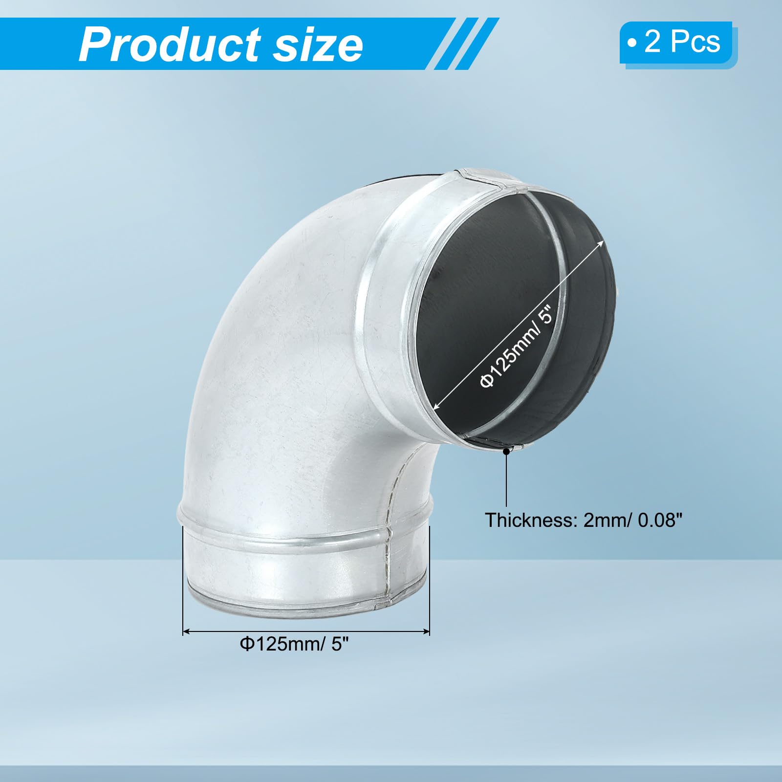 Conector de conducto de 90 grados de 5 pulgadas, 2 piezas de conector de tubo de ventilación de codo de acero galvanizado, adaptador de tubería de conducto para secadora HVAC, escape, extractor, si