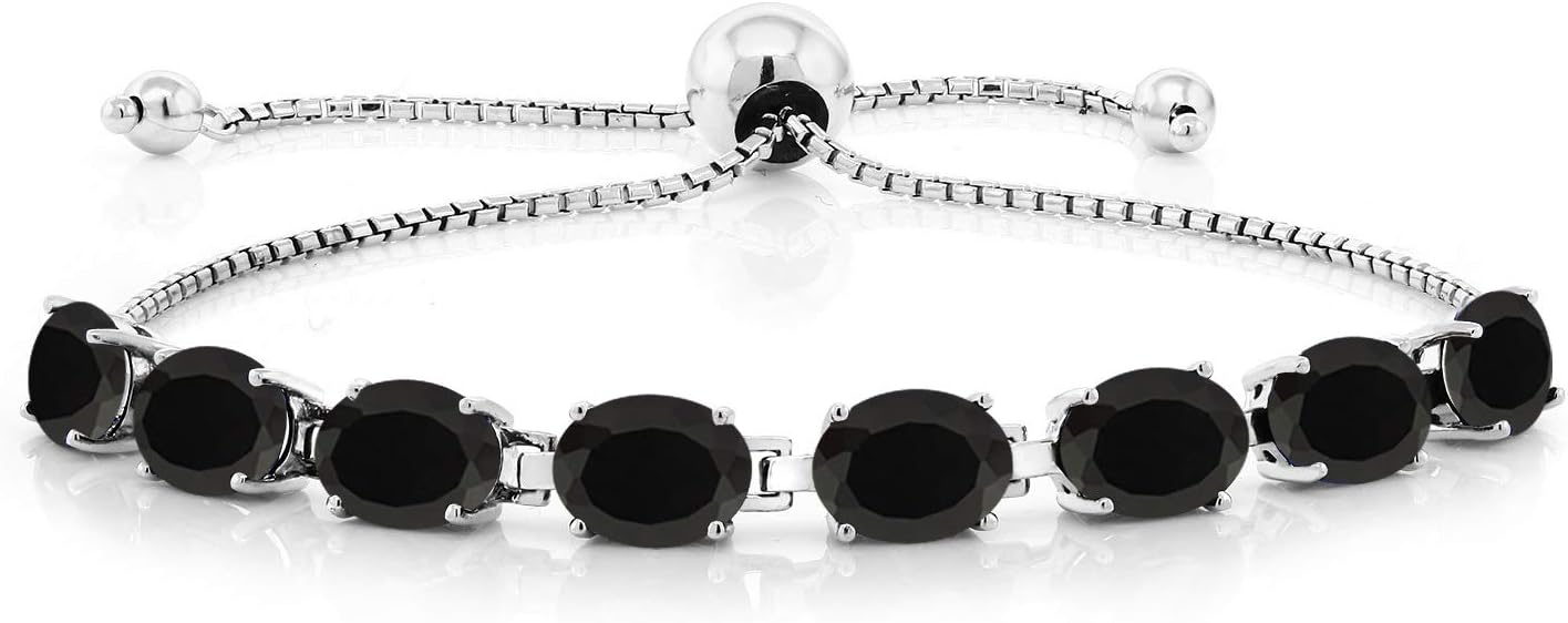 Gem Stone King 11.60 Cttw Black Onyx Bracelet and Earrings Jewelry Set For Women In 925 Sterling Silver | Gemstone December Birthstone | Oval 7X5MM | Fully Adjustable Up to 9 Inch