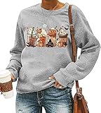 FCHICH Pumpkin Spice Latte Sweatshirt for Women Halloween Coffee Lover Shirt Gift Casual Fall Long Sleeve Pullover Tops (L, Light Gray)