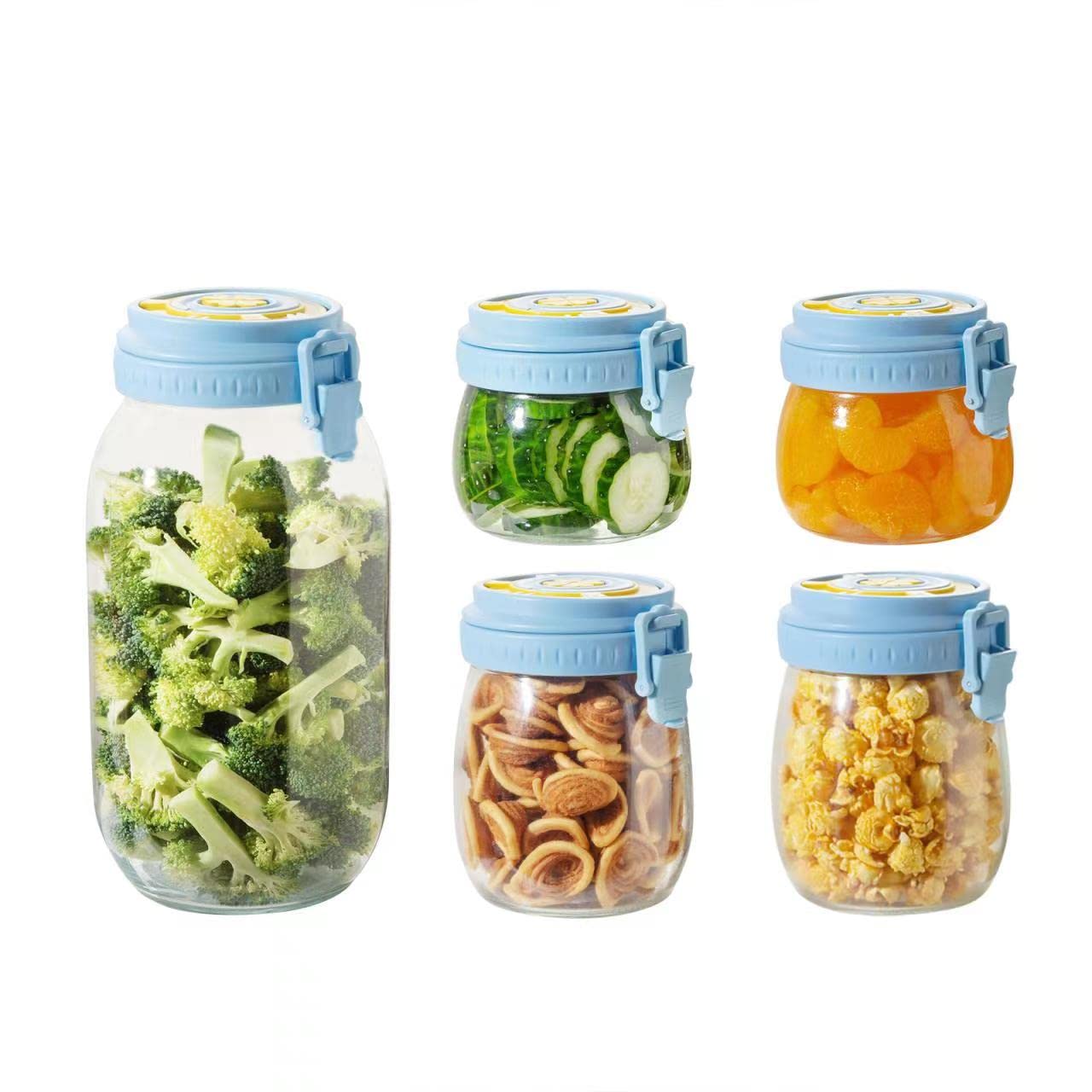 iTOKGOK Glass Airtight Jar/Canister with Lids (17oz*2pcs/25oz*2pcs/72oz*1pcs) Set of 5,Leak Proof Rubber Gasket Glass Storage Jars with Date Tracker, Kitchen Canisters for Cereal, Coffee, Sugar,Beans