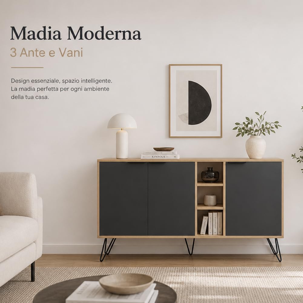 Shally Dogan Madia Moderna 3 Ante e Vani, Credenza Design Moderno, Struttura Resistente Salvaspazio, Ideale per Ingresso, Casa, Ufficio, Camera da Letto, Soggiorno, 143 x 83 cm (Rovere e Antracite)