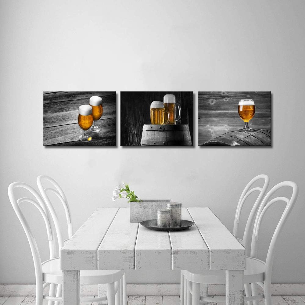 Derkymo Black and White Wall Art 12"x16"x3pcs Beer Pictures Print on Canvas Kitchen Wall Painting Contemporary Home Decor Artwork Gallery Wrapped Framed Ready to Hang