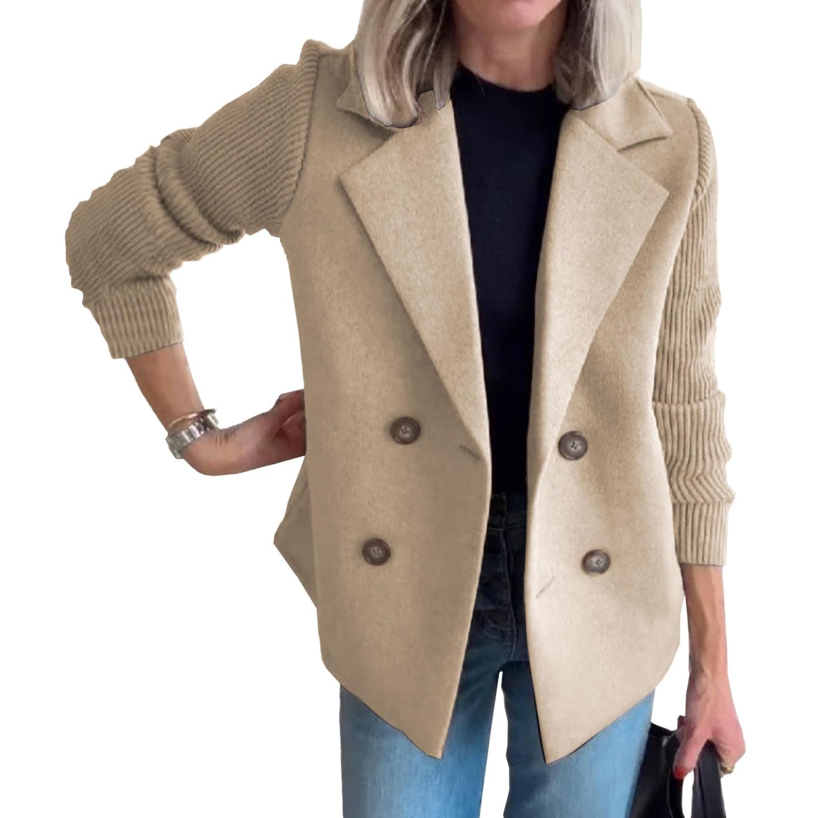 Womens Lapel Button Knitted Patchwork Sleeve Casual Coat Cropped Sweater Blazer Women Patchwork Jacket Business Work Coats