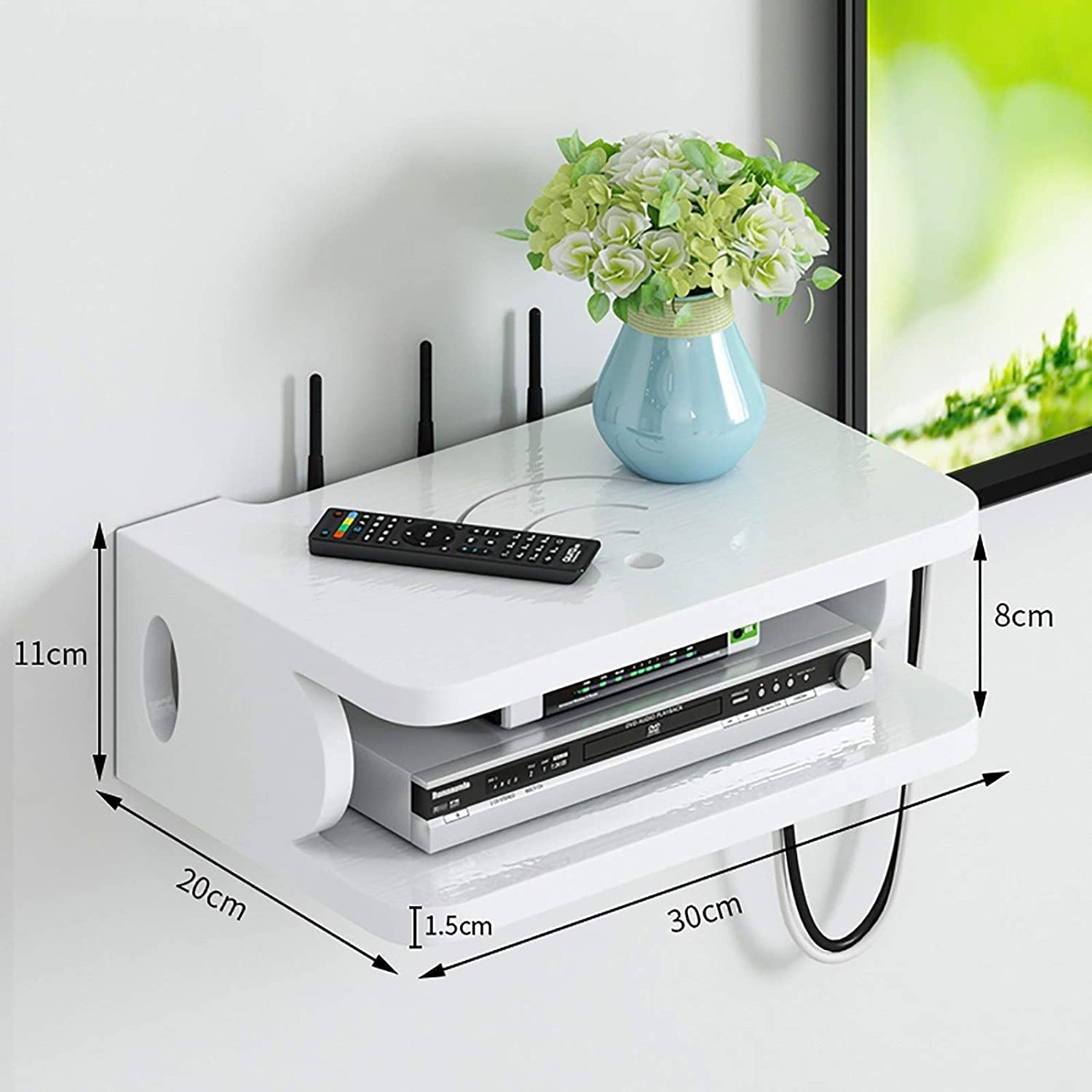 Slish Ma - Supporto da parete per TV a sospensione per decoder via cavo e lettori DVD, 30 cm, moderno ripiano TV per l'intrattenimento domestico e l'arredamento del soggiorno