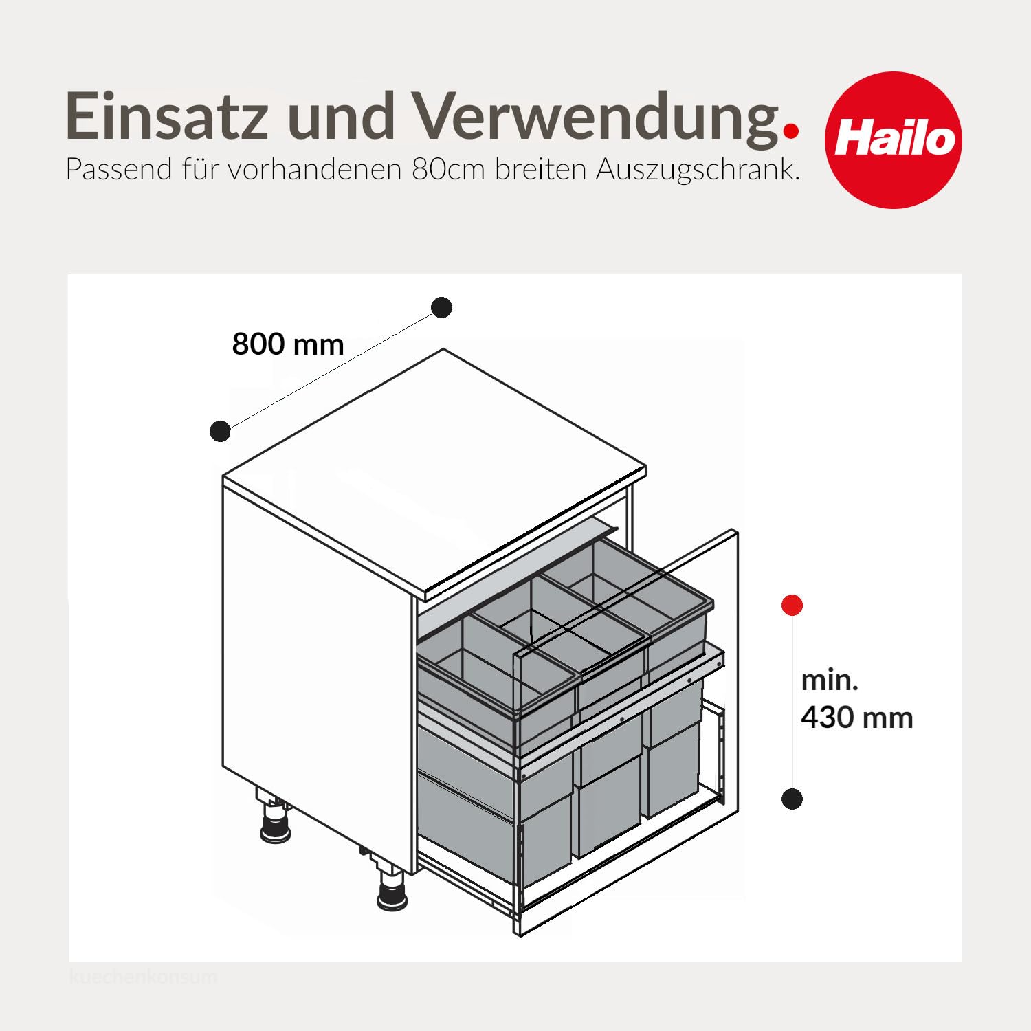 Hailo Abfallsammler Triple XL 800 | Mülltrennsystem Einbau 74 Liter | Küchenmülleimer Unterschrank Einsatz | dunkelgrau