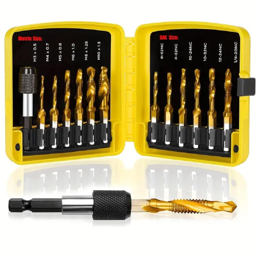 Juego de brocas combinadas de taladro y grifo, 3 en 1 con revestimiento de titanio, herramienta de brocas para taladrar, roscar, avellanar, con adaptador de cambio rápido, 13 piezas SAE/métrico