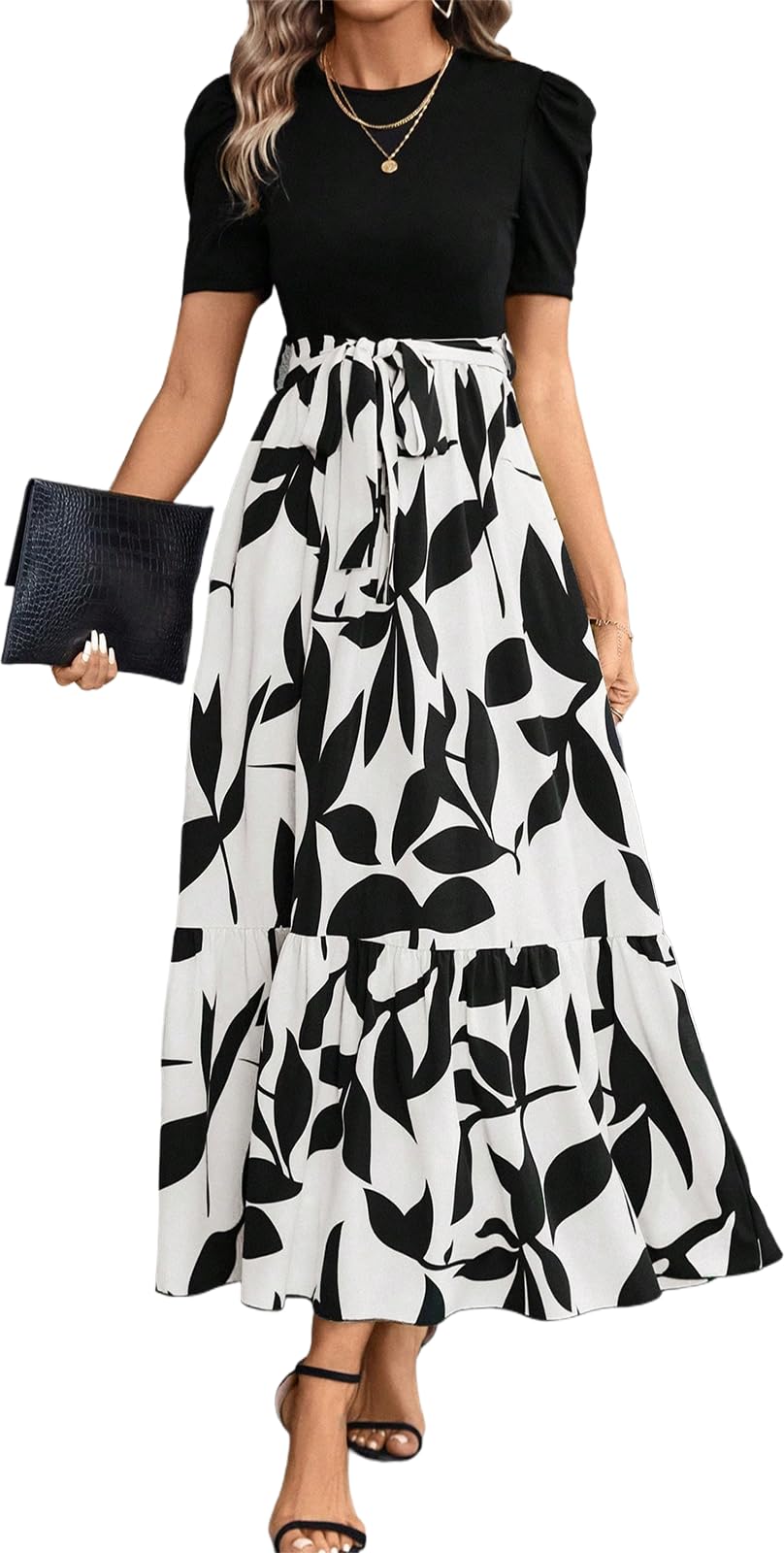 PerZeal Women's Casual Summer Crewneck A Line Short Sleeve Print Flowy Boho Long Maxi Dress with Belt Large