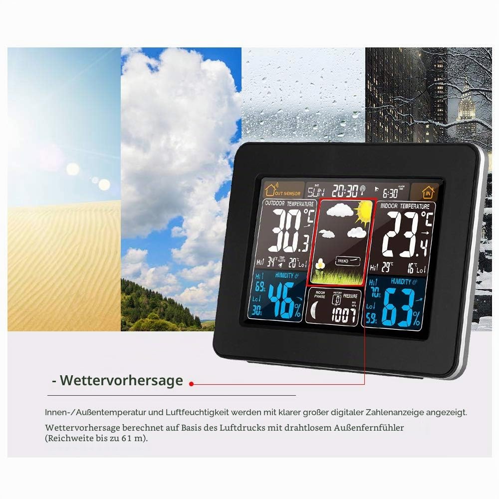 Kabellose Wetterstation, digital, bunt, Wettervorhersage, Uhr mit Außensensor, Innen-Außen-Thermometer mit Uhrzeit, Datum, Temperatur, Luftfeuchtigkeit, Barometer, Alarm, Mondphasenanzeige, Wetteruhr