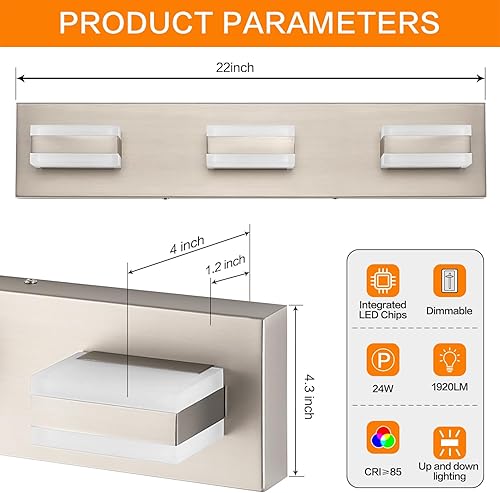 Miniatura 6 de SOLFART Luces de tocador de baño sobre espejo de níquel cepillado, 3 luces LED para baño, luces de tocador para baño, níquel