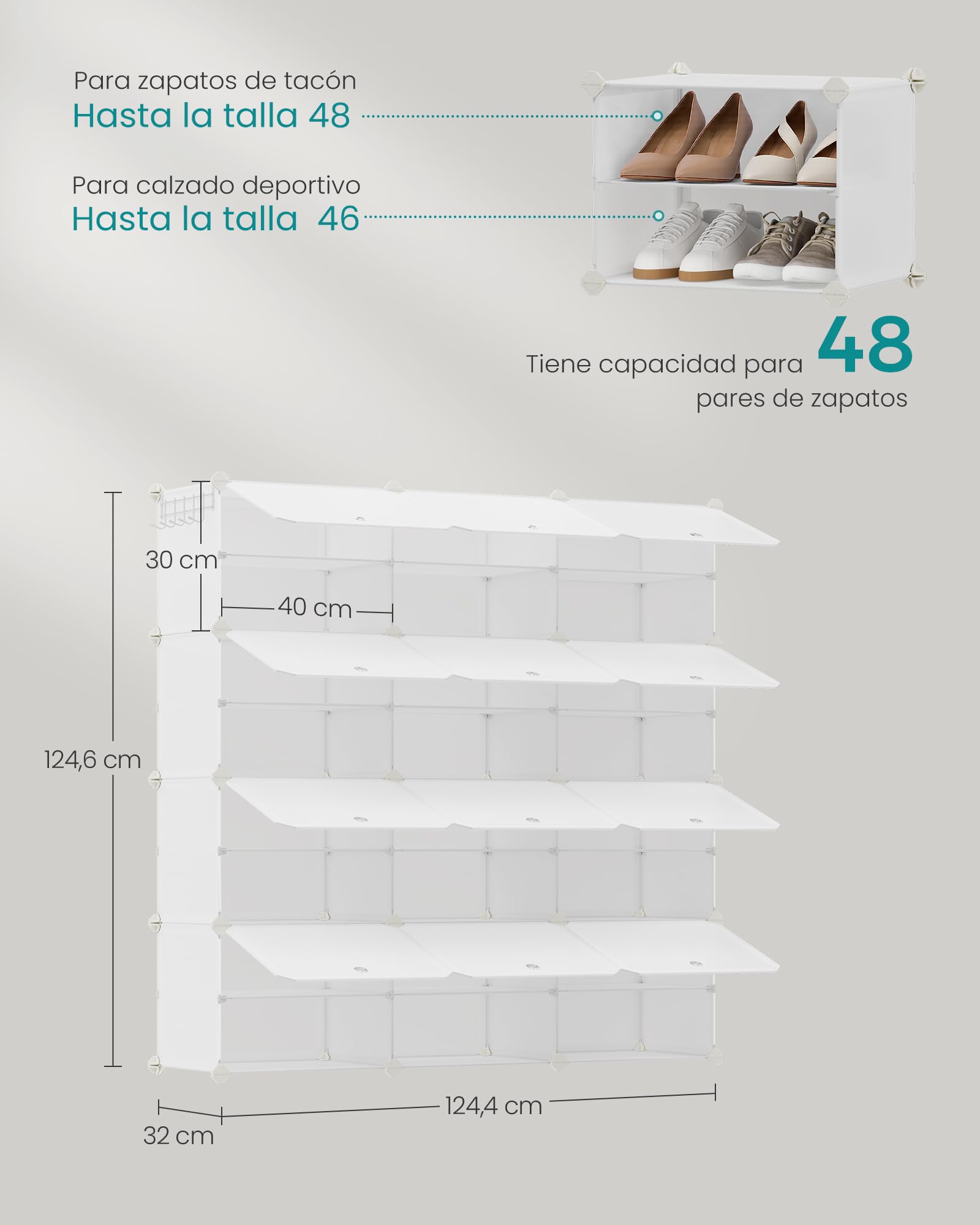 SONGMICS Mueble Zapatero Plástico, 12 Compartimentos para 48 Pares de Zapatos, con Puertas, Estructura de Acero y Estantes de Plástico, Armario para Dormitorio, Blanco Nube LPC040W02 | 30 x 40 x 30 cm por compartimento, acero, plástico PP, plástico ABS, D