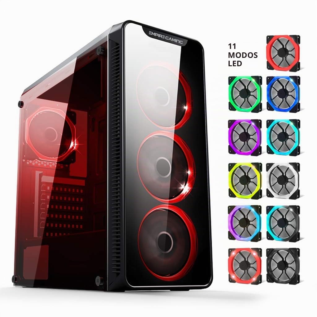 EMPIRE GAMING Warmachine - Caja PC Gamer –Torre Mediana ATX - 4 Ventiladores silenciosos - LED RGB Dual Ring: retroiluminación 11 Modos - Parte Delantera y Pared de Vidrio Templado