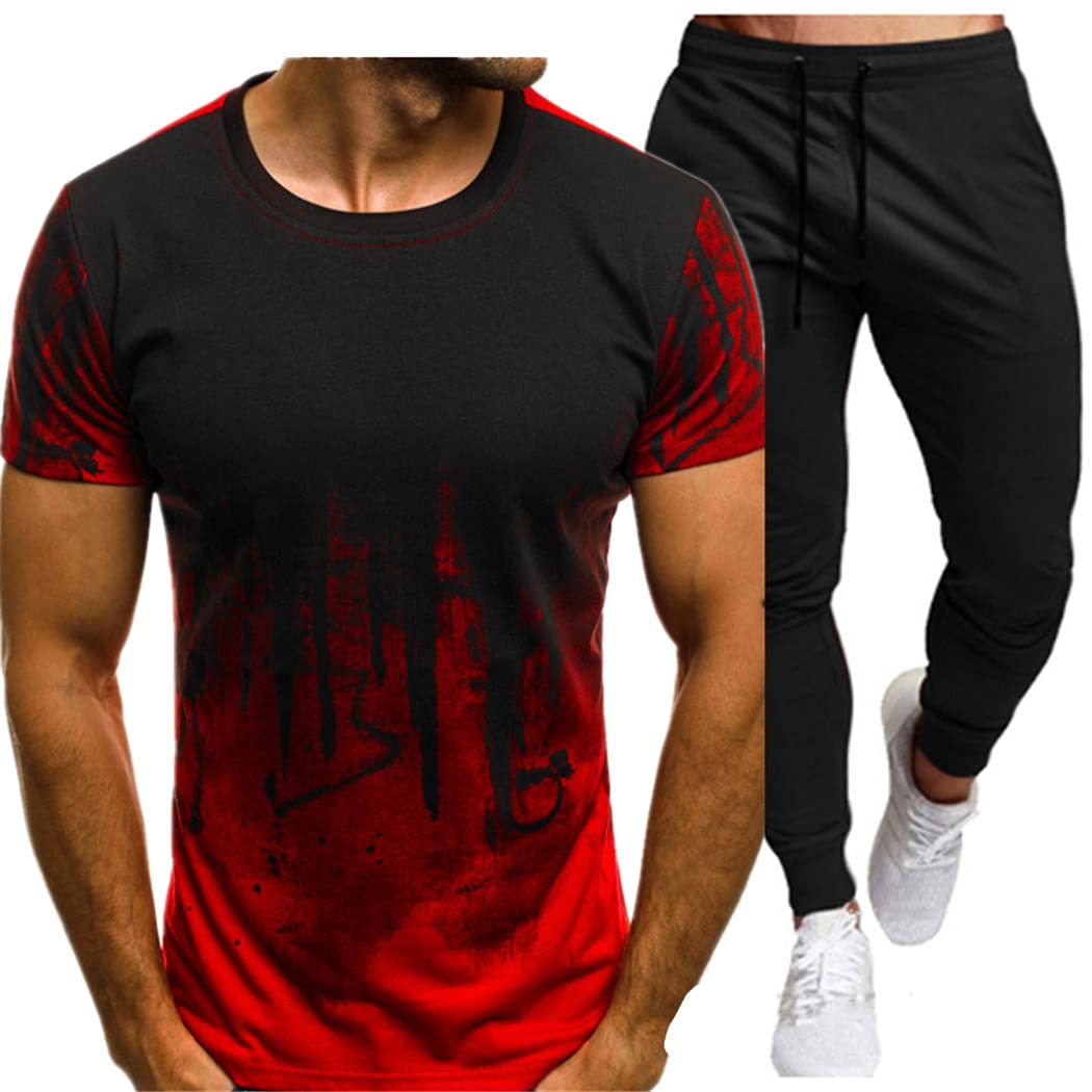3D Druck T-Shirt Anzug 2 Teilig Herren Sportanzug Basketball Sport Fitness Kurzarm und Hosen Anzug, dunkelgrau, XL