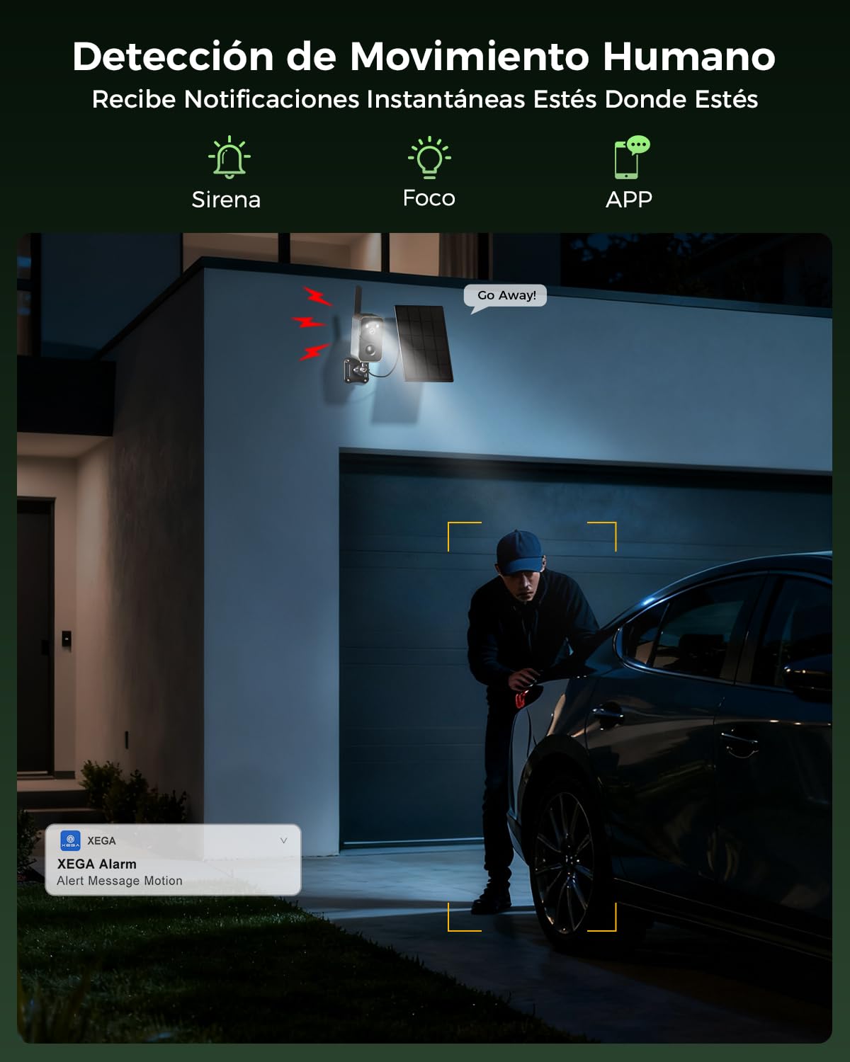 Xega 4G LTE Solar Cámara de Vigilancia con Tarjeta SIM, 10000mAh Batería | Detección de Movimiento,Audio Bidireccional,Foco y Sirena, Alertas por Aplicación,Resistente al Clima No Compatible con WiFi