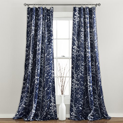 Lush Decor Forest 84 X 52 1 Curtains-Tree Branch Leaf Darkening Window Panel Drapes Set For Living, Dining, Bedroom (Pair), 84 In X 52 In, Navy #TOP25