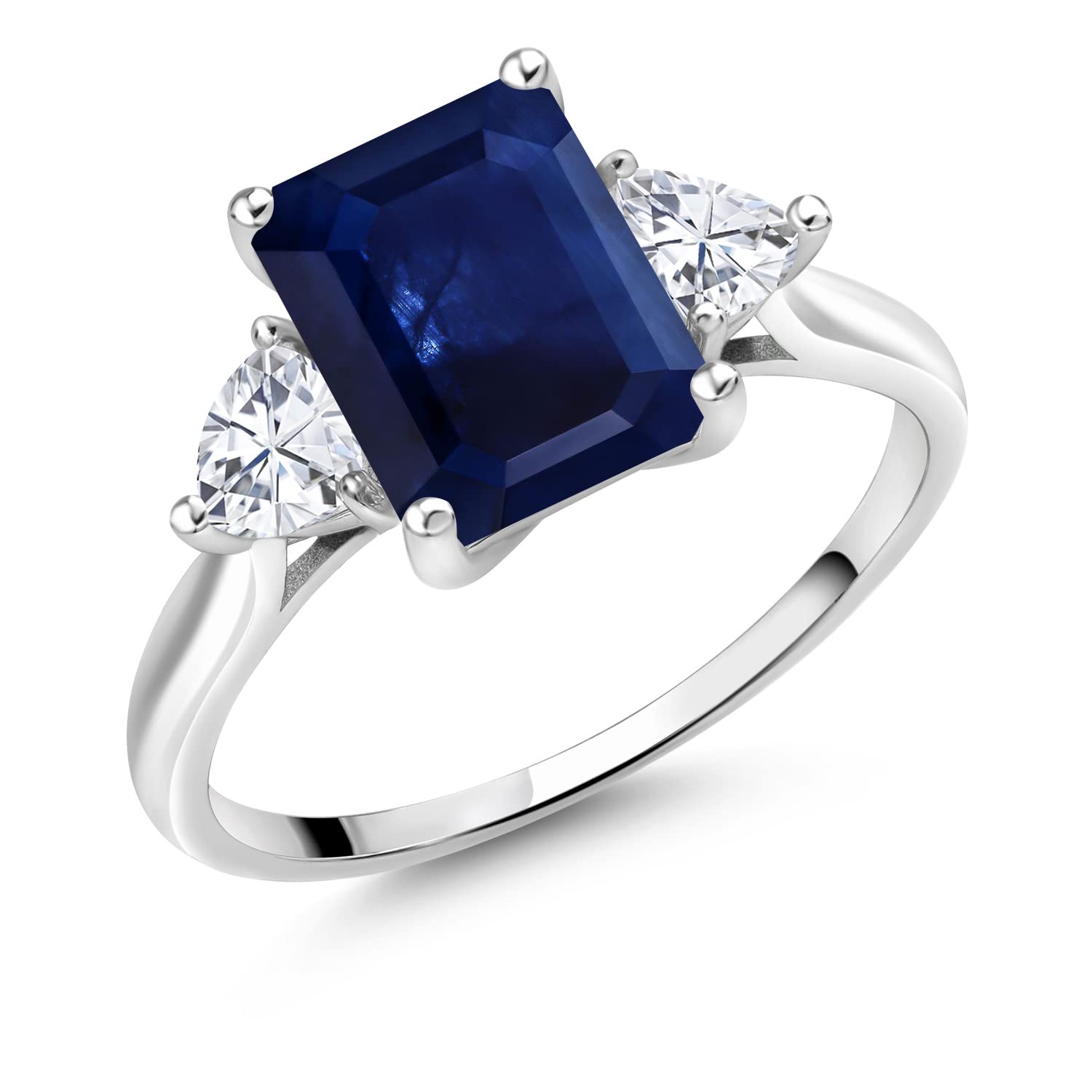10K White Gold Blue Sapphire and White G-H Gem Stone King Created Moissanite 3 Stone Women Engagemen