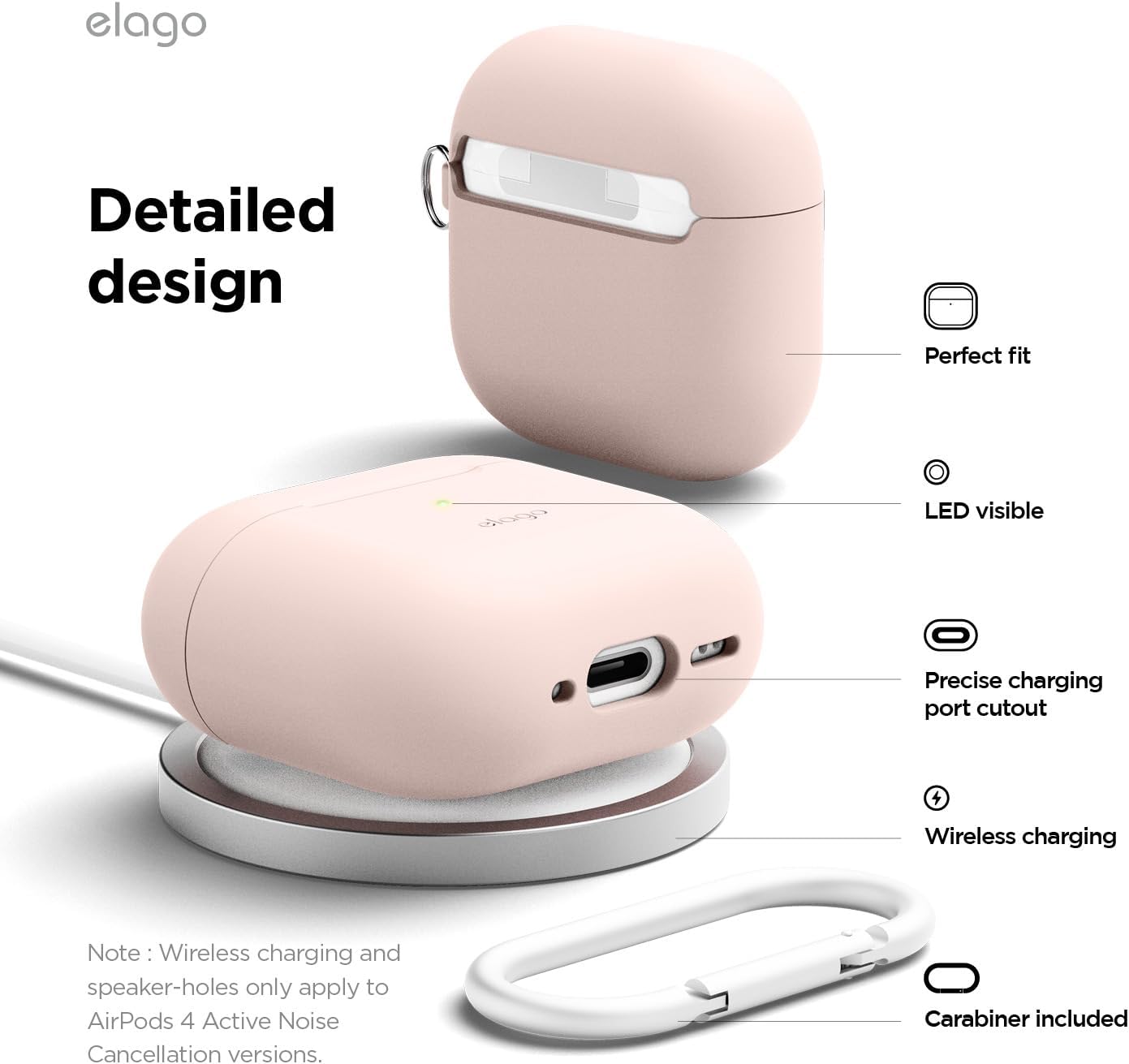 elago Compatible with AirPods 4 Case - Premium Silicone Case with Carabiner, Supports Wireless Charging, Shock Resistant, Full Protection, Headphone Accessories (Sand Pink)