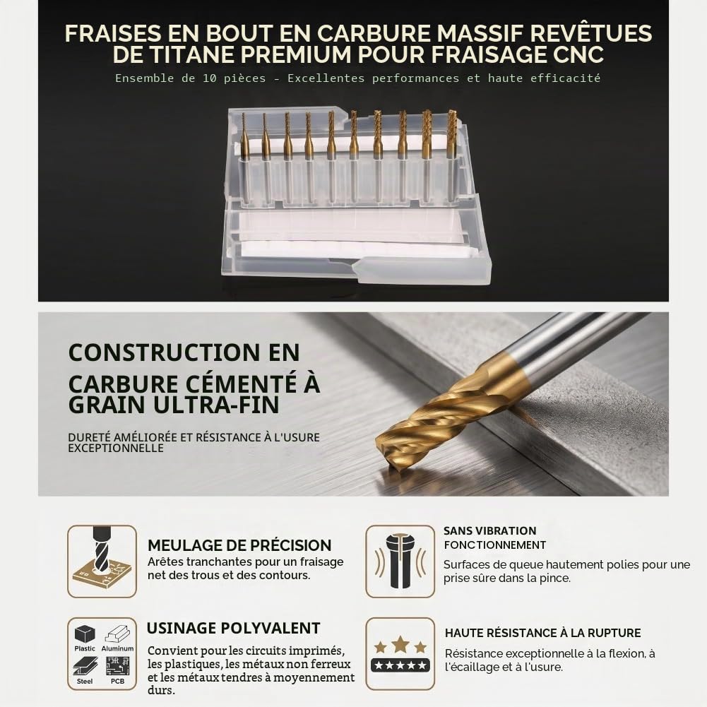 10pcs Fraise en Bout en Carbure Cémenté À Gravure Bits Sculpture Perceuse Outils Endated Mill 1-3mm