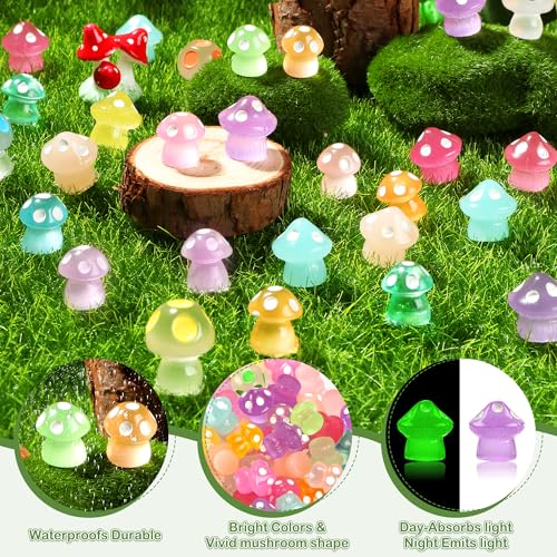 Image of FEXIA 50pcs Mini Resin Mushrooms Little Mushroom Figures Tiny Figures Glow in the Dark for Aquariums Dollhouses Fairy Garden Mushroom Decor Landscape