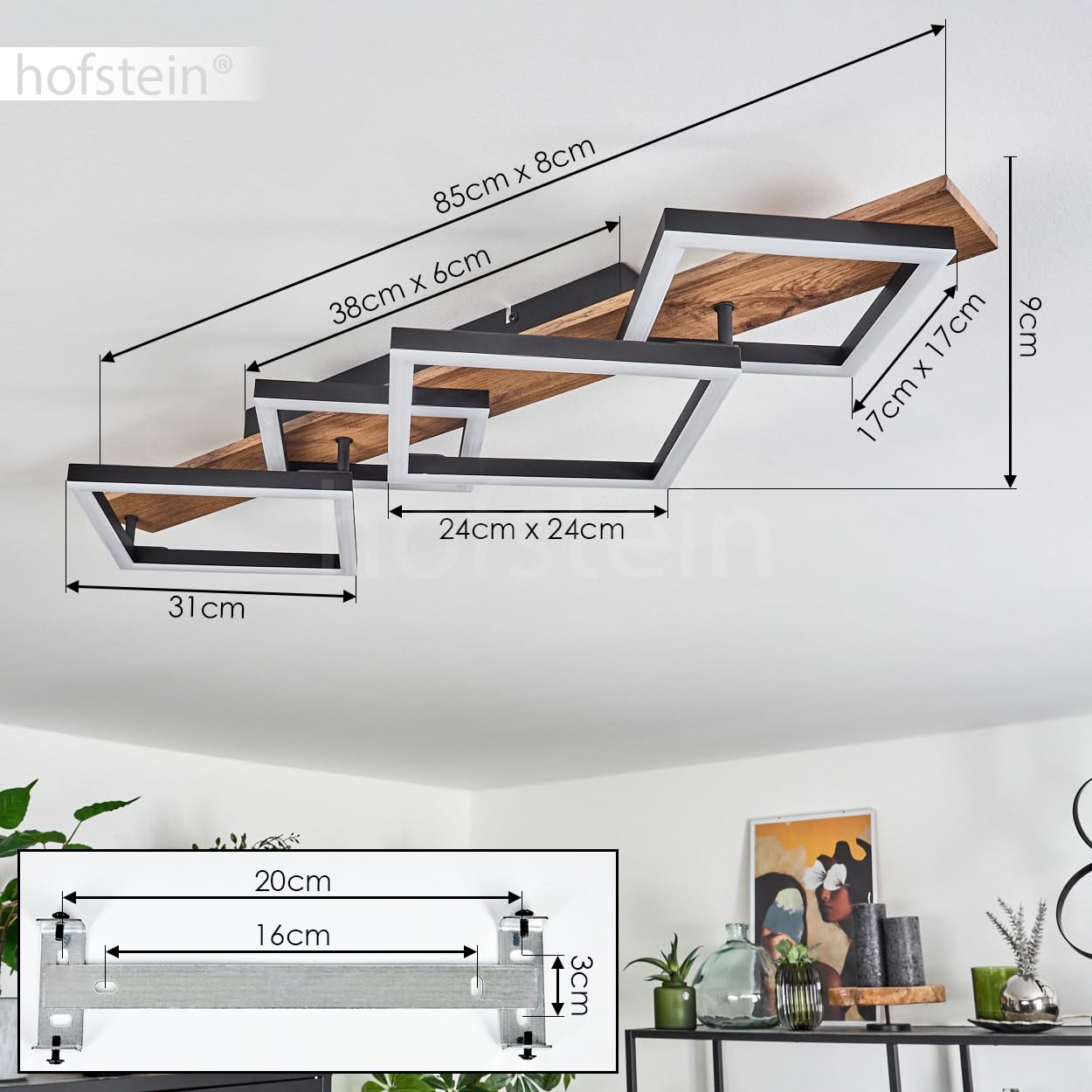 Lampa sufitowa LED Cascada, nowoczesna lampa sufitowa z metalu/MDF/tworzywa sztucznego w kolorze czarnym/drewno/białym, 4-żarówkowa, 30 W, 3350 lumenów, 3000 K