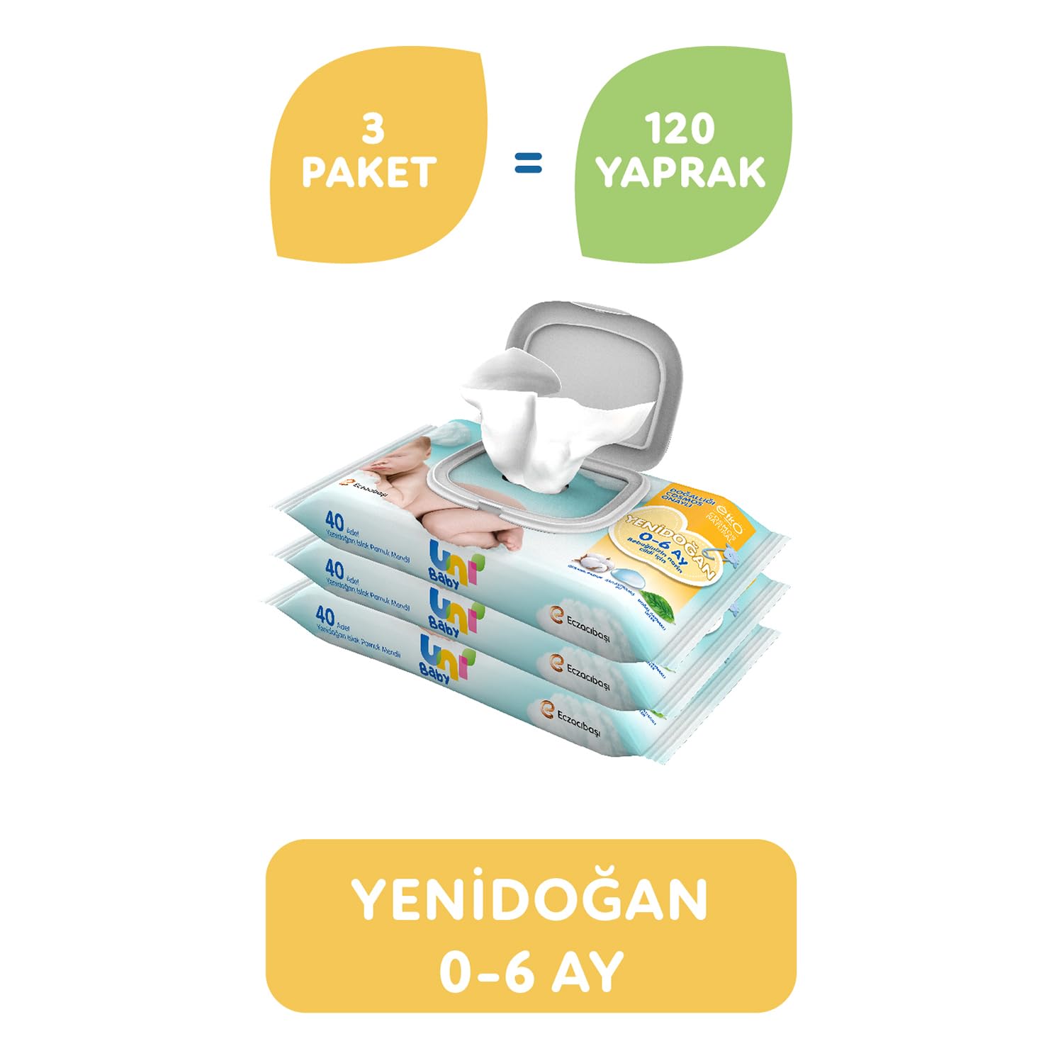 Uni Baby Yenidoğan Islak Mendil, 24 x 40 Adet, Doğal Lifler,…