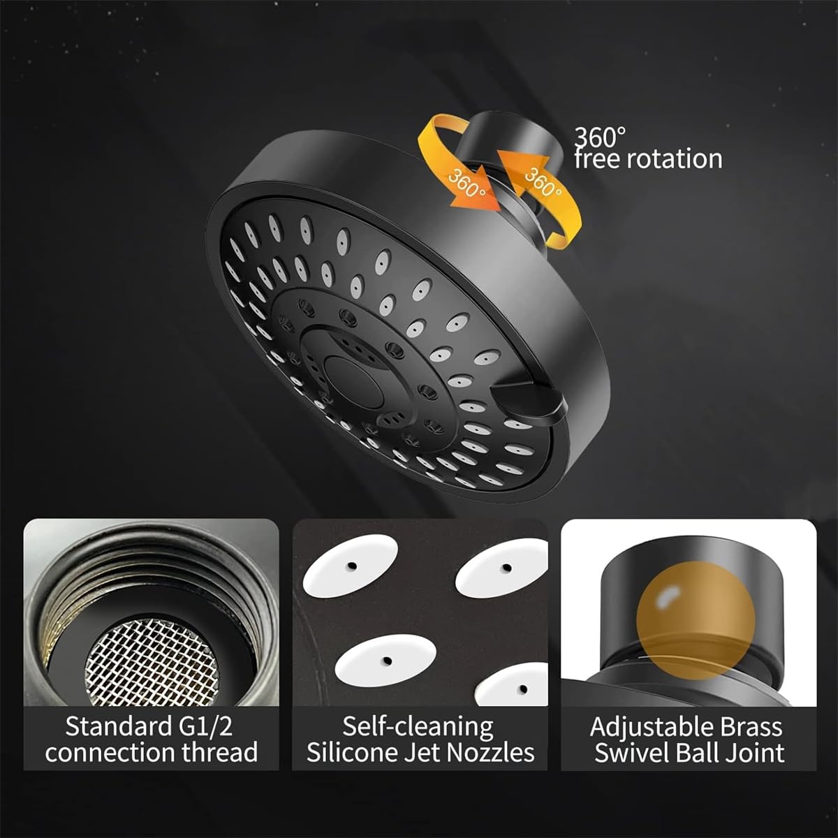 Michear Rainfall Shower Head High Pressure Fixed Shower Head 5-Setting with Adjustable Metal Swivel Ball Joint Chrome Rain Setting Shower Heads Replacement Shower Head Universal G1/2 Fitting (Black) - Image 4