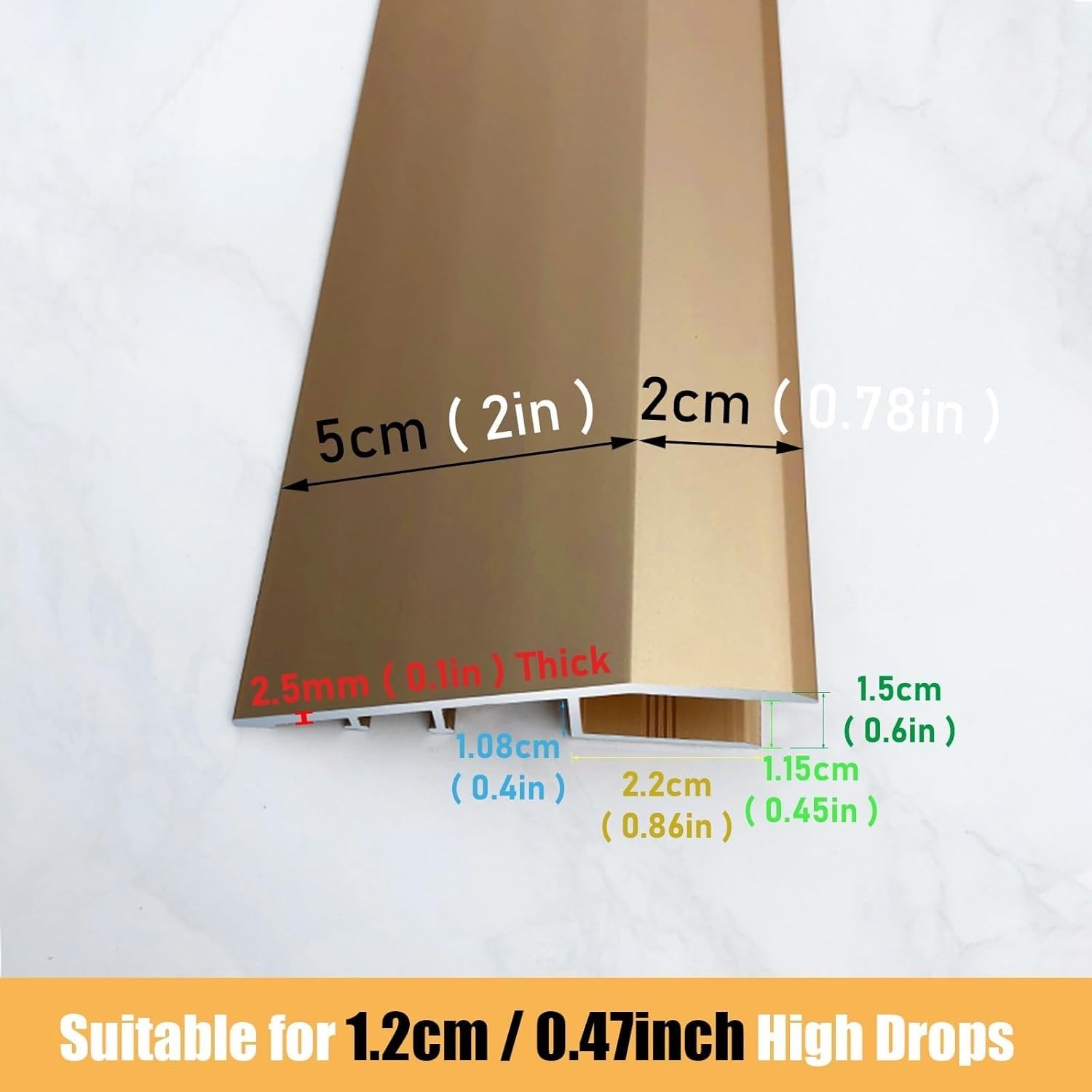 Rodapié de aluminio de corte personalizado, cubierta de umbral de 1,19 cm de alto, tira de borde de alfombra (130 cm / 51.2in) para protección del suelo y acabado de costuras