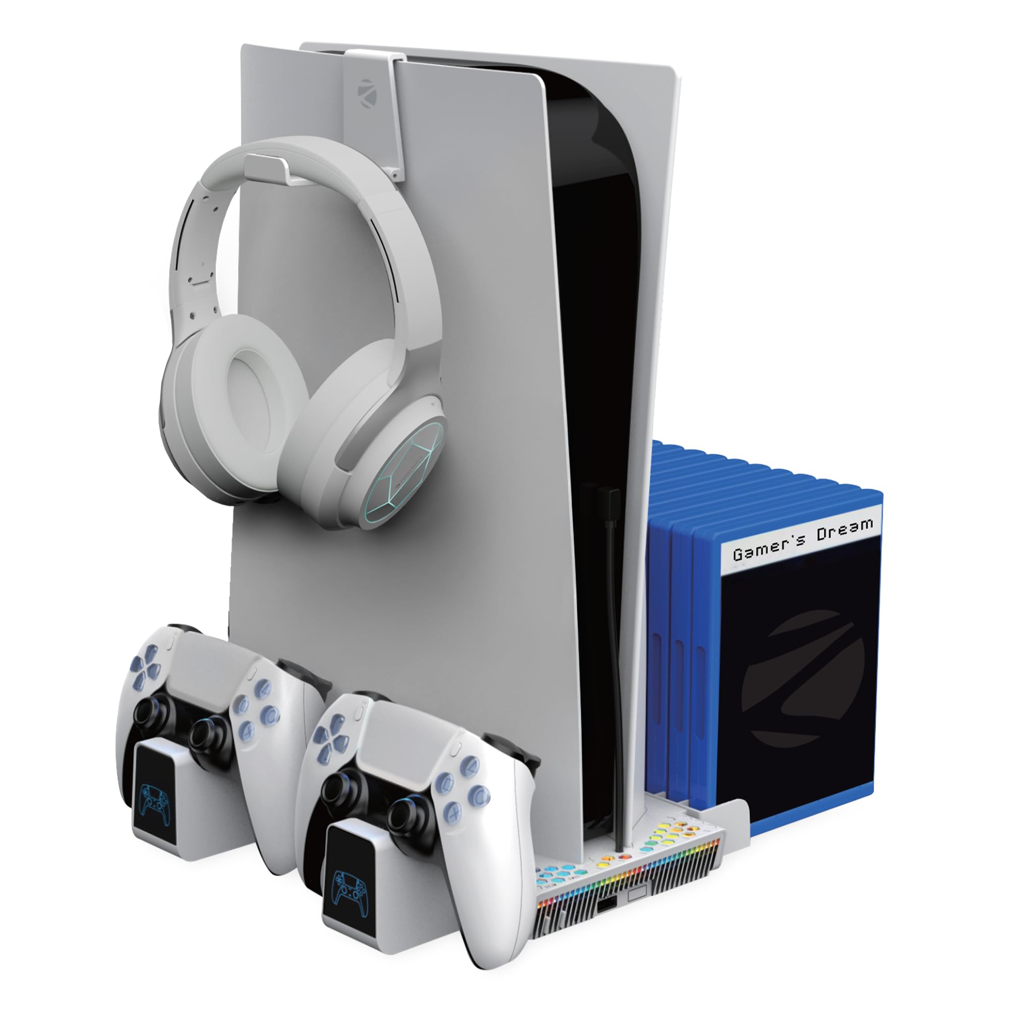 ZEBRONICS PS5SC,Vertical PS5 Docking Station, 5000RPM 3 Level Fan, 2X Dual Sense 3H Rapid Charging Dock, Headset Hanger, 14x Disk Holder, RGB, Supports PS5 Standard | Slim | Pro (Disk & Digital)