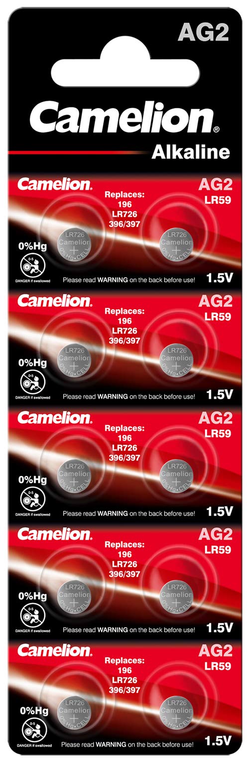 Camelion 12051002 – Alkaline Knopfzellen-Batterie ohne Quecksilber (AG2/LR59/LR726/396), 1,5 Volt, 10er Set