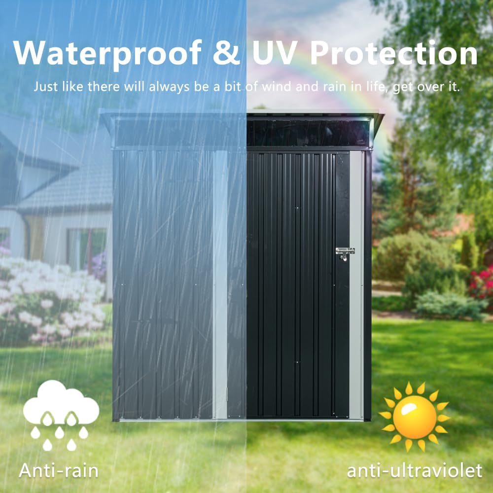 5ft x 3ft Outdoor Metal Storage Shed with Transparent Panel and Black Galvanized Steel, Easy to Assemble Garden Shed with Hinged Door and Ventilation, Corrosion and UV Resistant for Weather Protection
