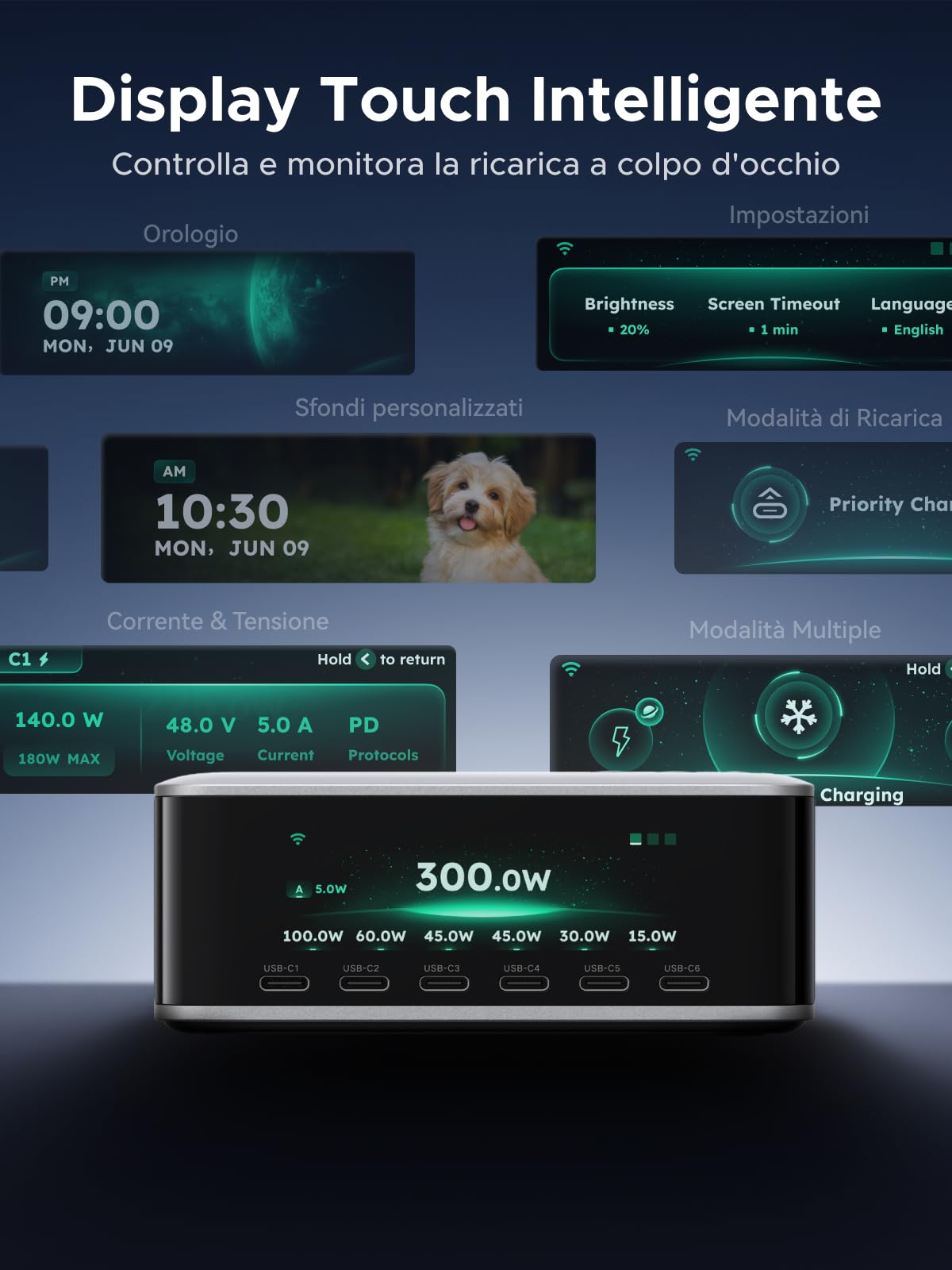 UGREEN Nexode Pro 300W Caricatore USB C Ricarica Rapido Schermo TFT | PD 3.1 Allimentatore 140W Max 8 Porte Compatibile MacBook iPhone 17 Pro Max Air iPad PPS 45W Galaxy S26 Pixel Steam Deck