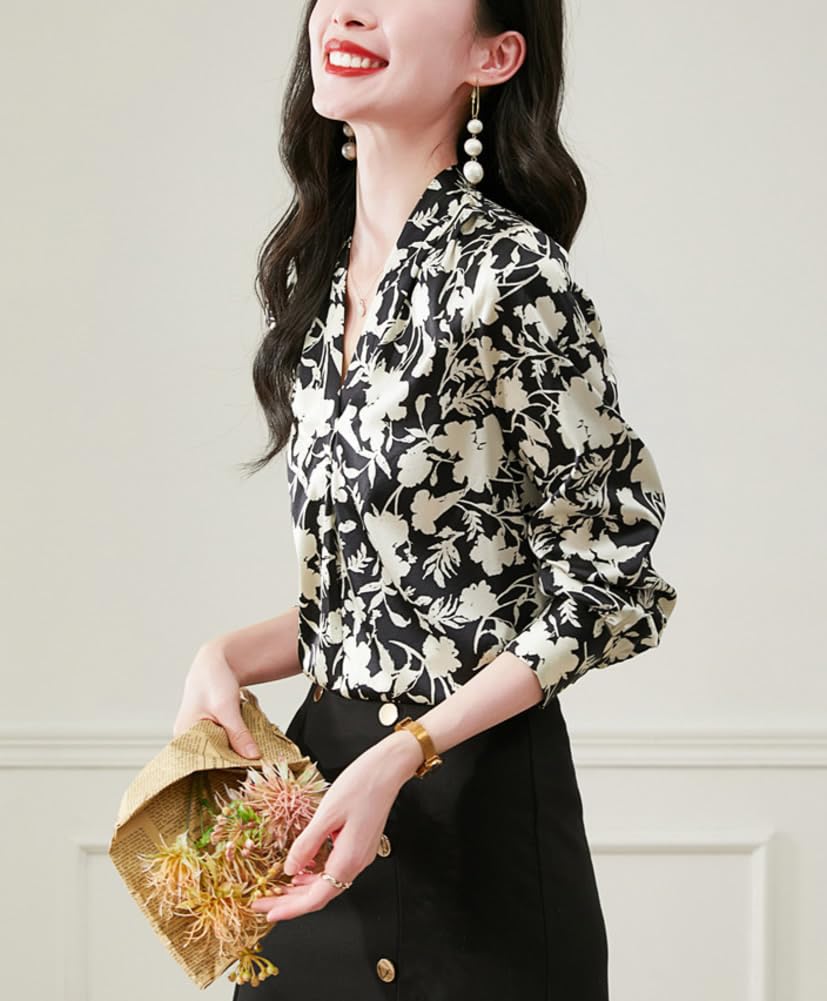 DISSA Blusa de seda para mujer, cuello en V, blusa de manga larga, camisa de seda, camiseta de flores, S3623