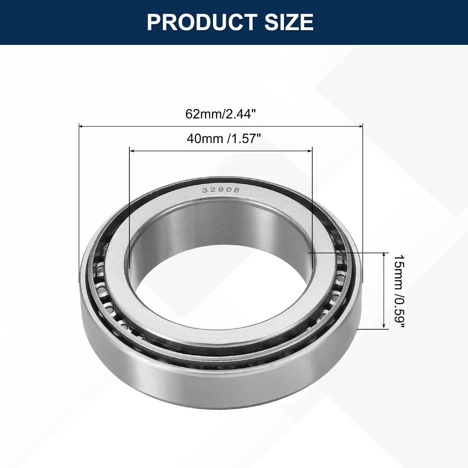 uxcell 32908 Tapered Roller Bearing Cone and Cup Set, 40mm Bore x 62mm OD x 15mm Thick, Chrome Steel Taper Bearing Set, ABEC-3