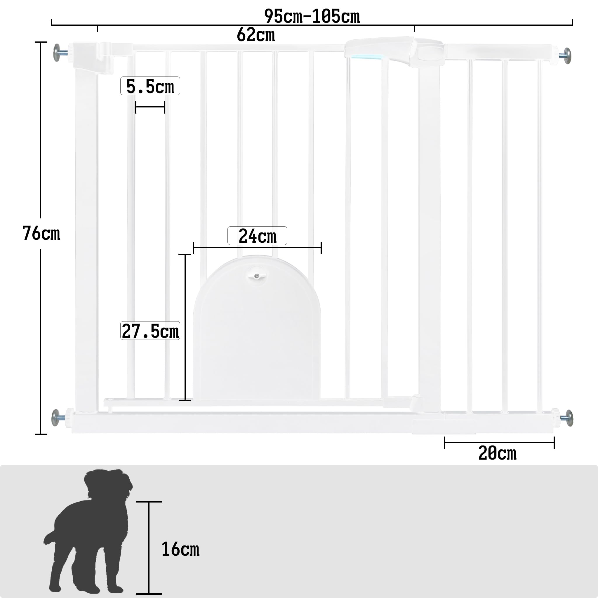 HENGMEI Rejilla protectora para escaleras, sin agujeros, 95-105 cm, cierre automático, puerta de metal para seguridad infantil, color blanco (con puerta para mascotas)