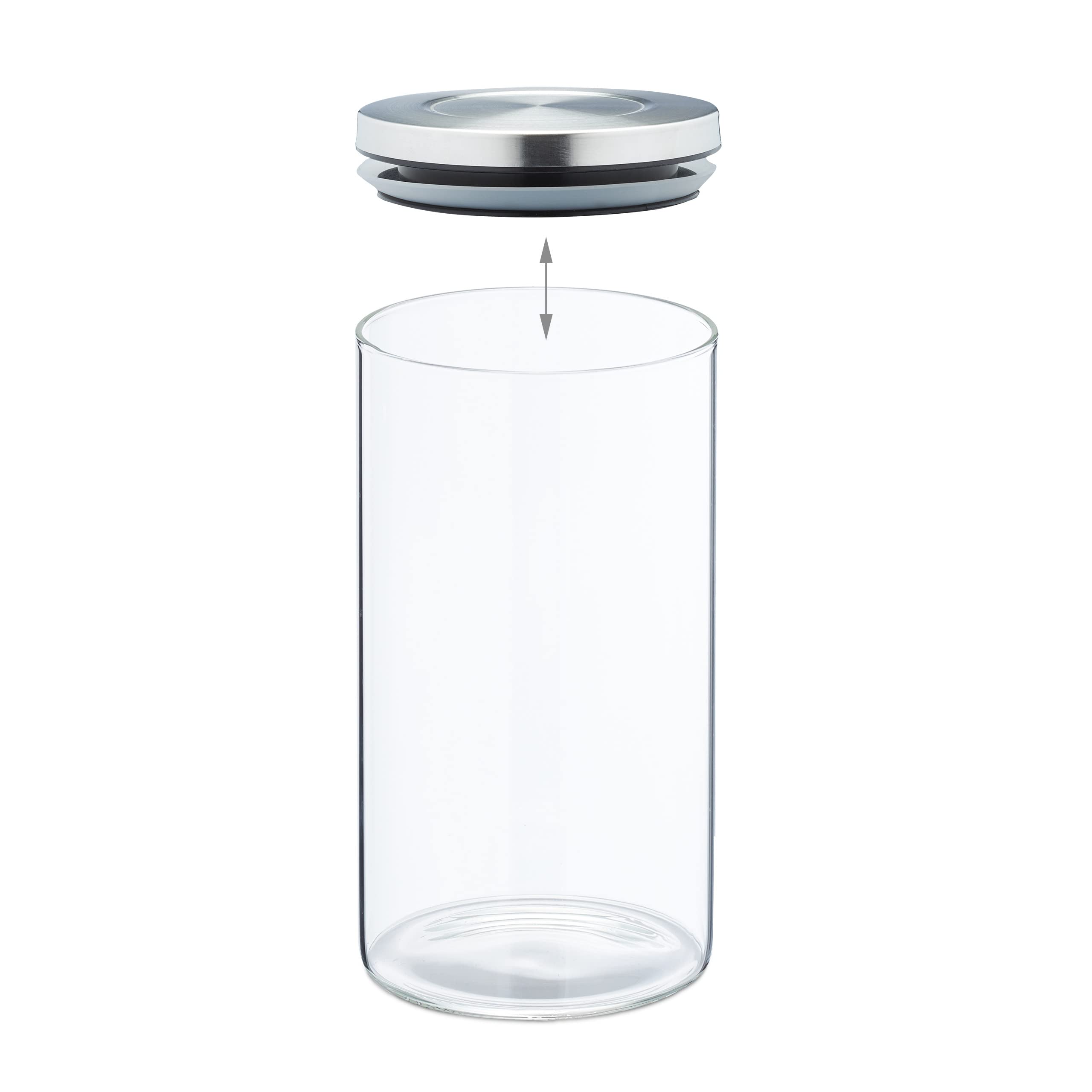 Relaxdays Set da 4 Barattoli per Alimenti, Recipienti in Vetro con Coperchio Acciaio Inox 1000 ml, Trasparente Argentato