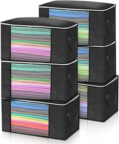Miniatura 10 de Bolsas de almacenamiento grandes de 90 litros, paquete de 6 organizadores plegables para armario y almacenamiento con asas duraderas, tela gruesa