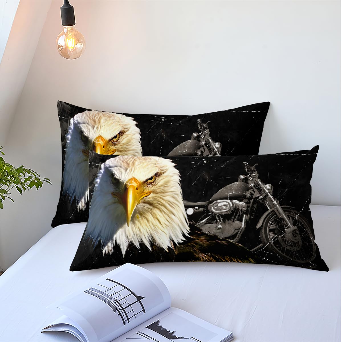 ZZXHG Black Eagle Motorcycle Duvet Cover Set Full Size - Microfiber Bedding With Zipper & 2 Pillow Shams