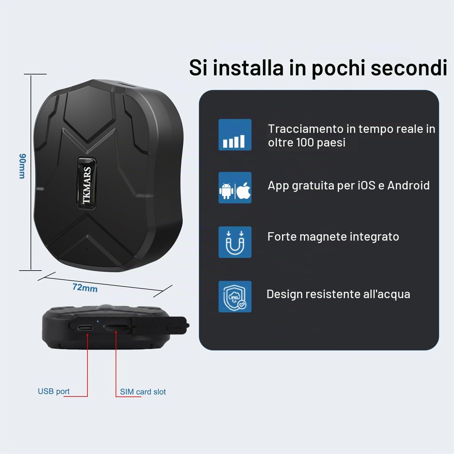 TKMARS Localizzatore GPS Auto Senza Abbonamento Tracker GPS Magnetico con Batteria 5000mAh, Standby 90 Giorni, Impermeabile IP65 Antifurto per Veicoli, Camion, Moto, Barca ，App Gratuita