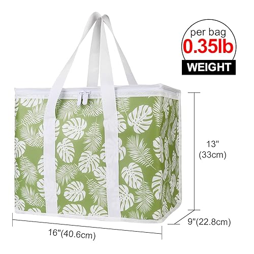 Miniatura 2 de Bodaon Paquete de 3 bolsas de compras reutilizables aisladas, bolsa enfriadora de picnic XL con cremallera superior fría, hojas verdes
