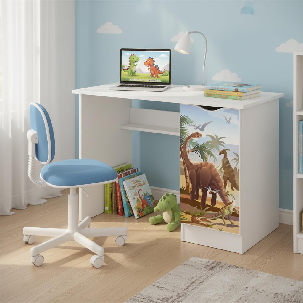 Leomark Confortable Bureau pour Enfants avec étagère - Roma - Blanc Meuble pour Chambre d'enfant, Equipement de Salle, Style scandinave, Hauteur: 77 cm (Dino)