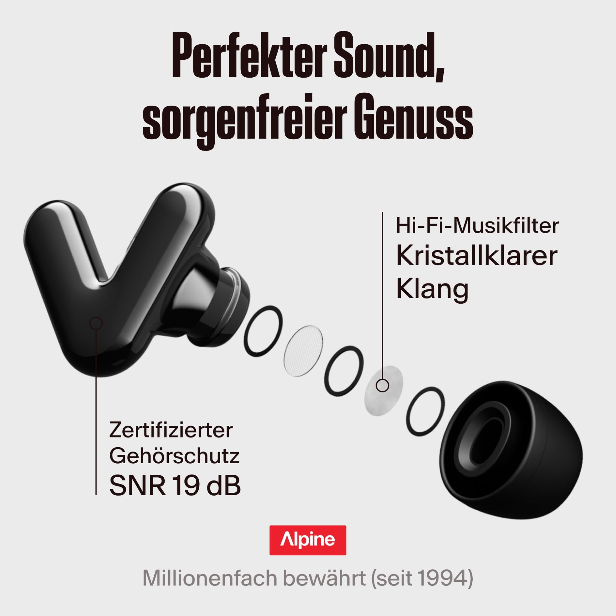 Alpine Tune Ohrstöpsel für Konzerte und Musik, Festival Ohrstöpsel mit Schalldämpfung, Hifi Klangqualität, 19dB Gehörschutz mit Klarem Klang, 4 Größen, Für Festivals, Partys, Raves & Clubs, Schwarz