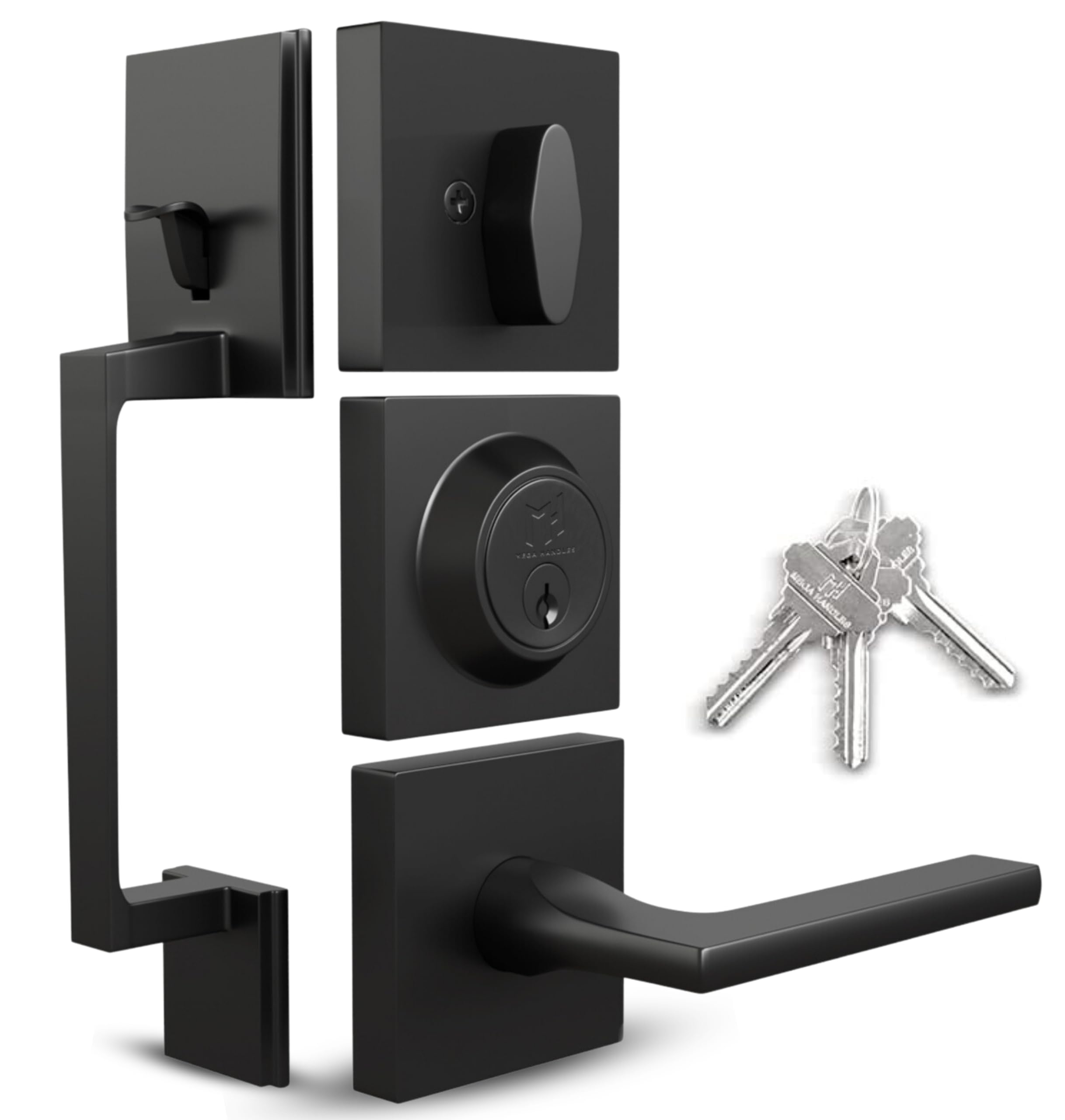 Mega Handles - TOBELLE Black Entry Door Handleset - Single Cylinder Handleset with Lever for Entrance and Front Doors - Modern Door Handles for Left