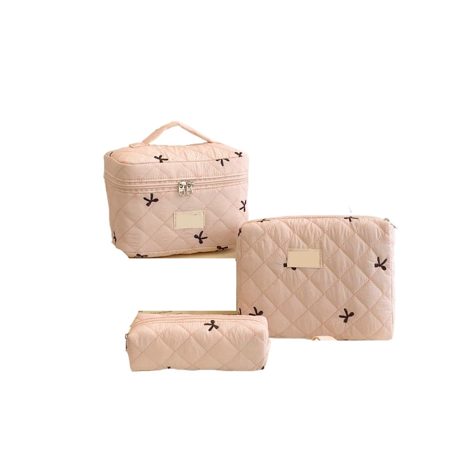 Pochette Trucchi Set da 3 pezzi con fiocco e fiori, borsa da trucco trapuntata da donna, organizer for cosmetici, borsa da donna, custodia da toilette for viaggio(Pink)