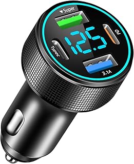 66W Car Charger Adapter, 4 Port Metal Cigarette Lighter USB Charger with QC3.0 & PD30W Fast Charging, Car Cigarette Lighter USB Socket with LED Voltmeter for iPhone16/15/14/13/12, Samsung Galaxy, iPad