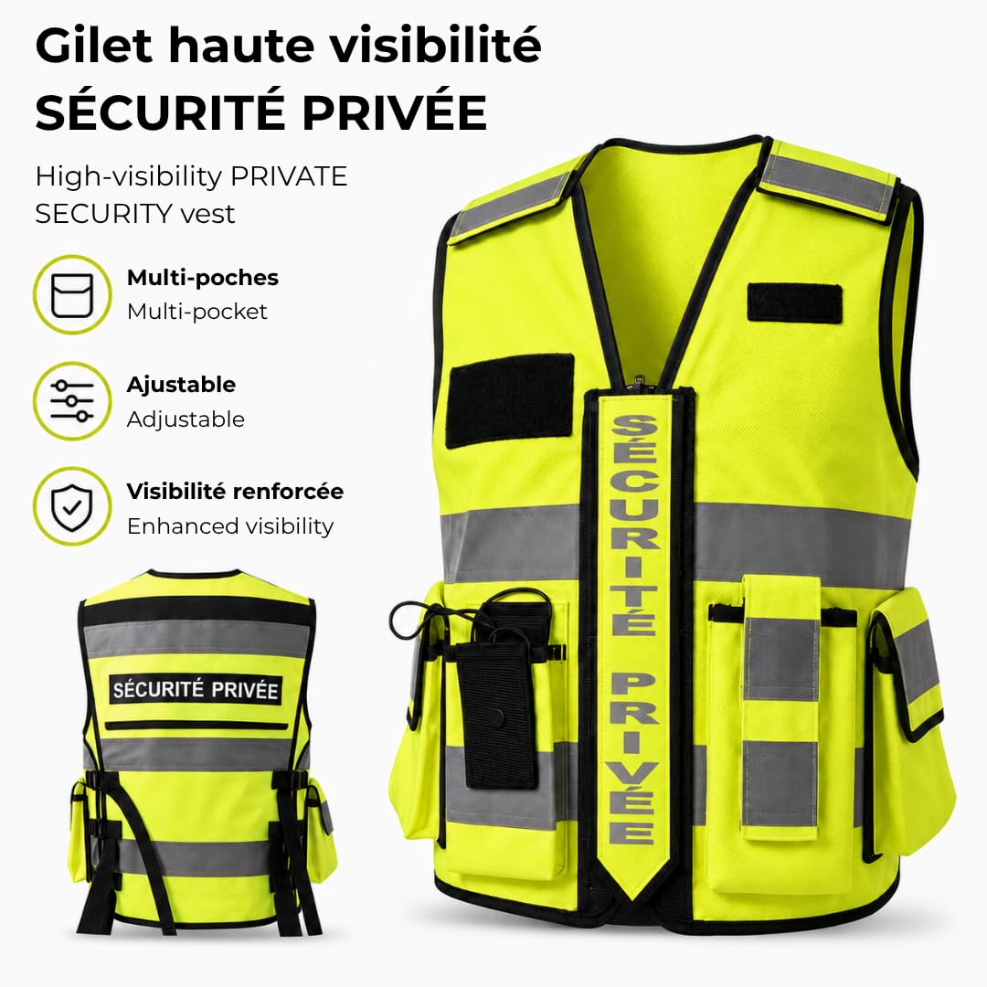 Gilet Haute Visibilité SÉCURITÉ PRIVÉE Jaune, Multi‑Poches