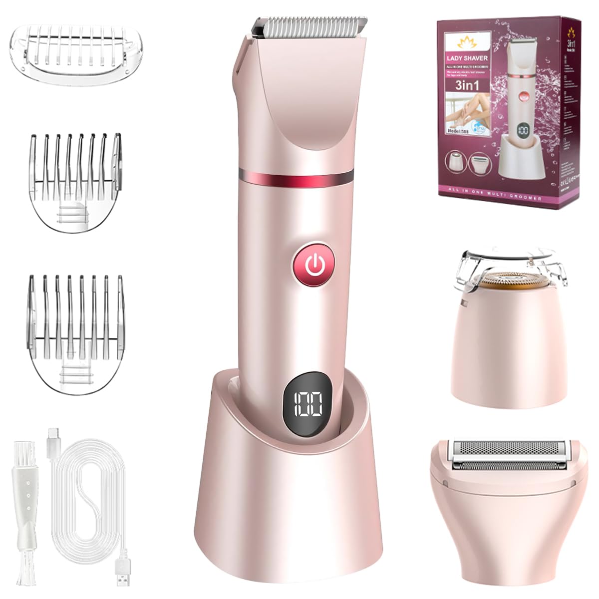 RNKR Bikini Trimmer for Women, 3 in 1 Rechargeable Electric Razor with LCD Display, Waterproof Pubic Hair Trimmer and Facial Hair Remover, Body Shaver with Travel Lock, Pink